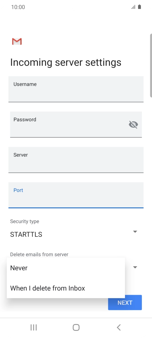 Press Never to keep email messages on the server when you delete them on your phone.