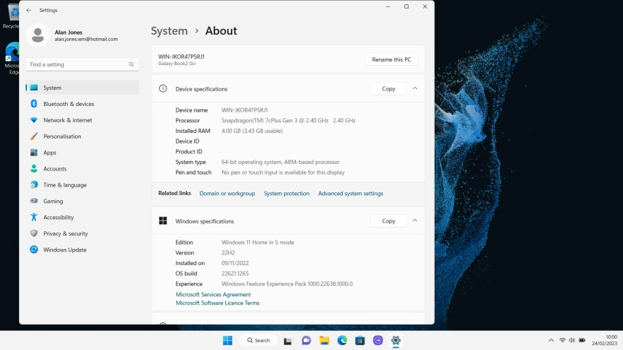 Your laptop's software version is displayed below Windows specifications.