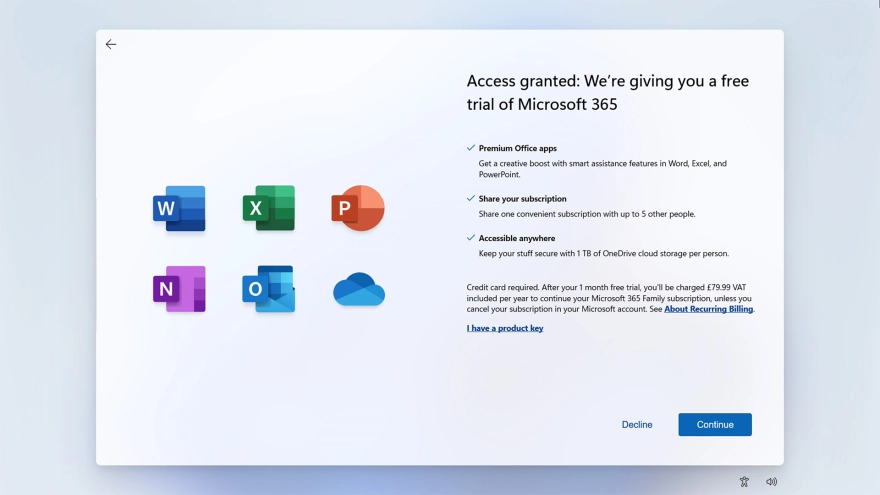 Follow the instructions on the screen to subscribe to Microsoft Office or click Decline to finish setting up your laptop.