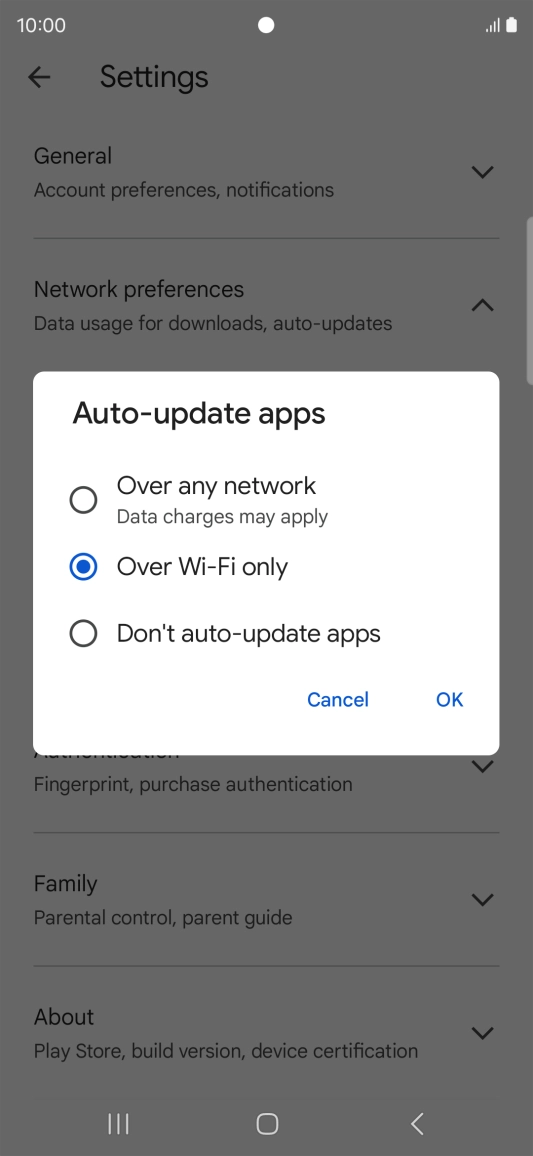 To turn on automatic update of apps using mobile network, press Over any network.