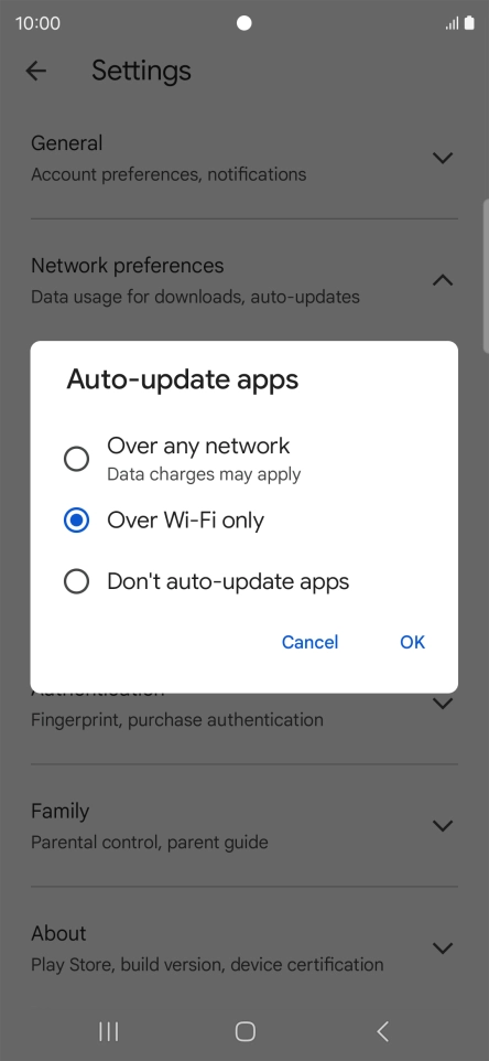 To turn on automatic update of apps using mobile network, press Over any network.