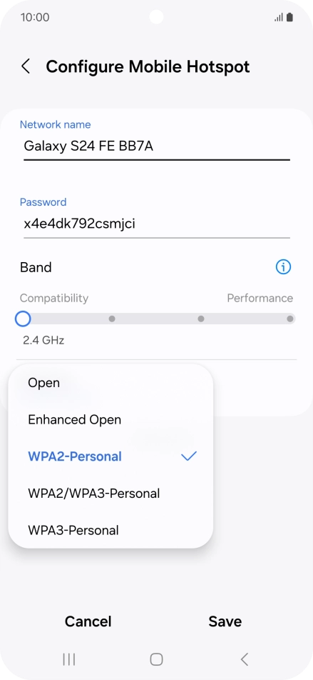 Press WPA3-Personal to password protect your Wi-Fi hotspot.