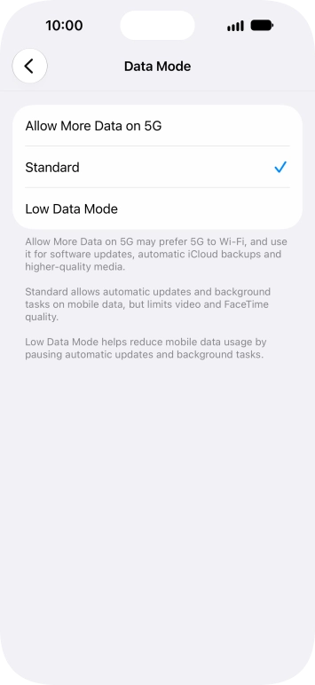 Press the required setting.