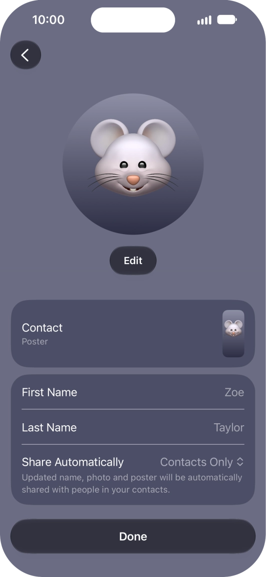 Press the name fields and follow the instructions on the screen to edit your name on the Contact Poster.