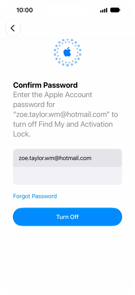 Key in the password for your Apple Account and press Turn Off. Wait a moment while the factory default settings are restored. Follow the instructions on the screen to set up your phone and prepare it for use. Key in the password for your Apple Account and press Turn Off. Wait a moment while the factory default settings are restored. Follow the instructions on the screen to set up your phone and prepare it for use.