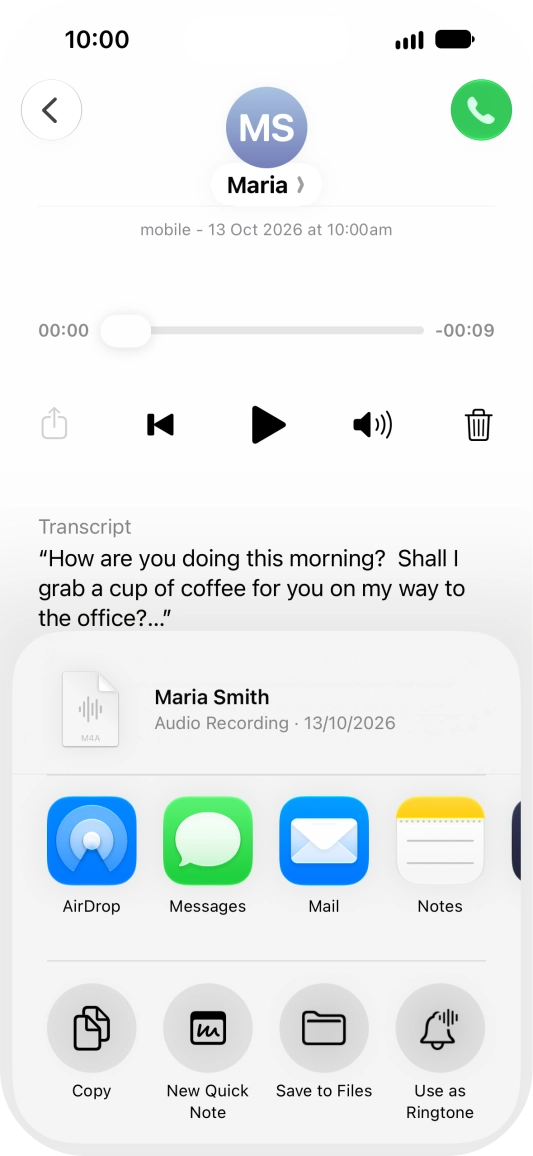 Press the required setting and follow the instructions on the screen to share or save the message.