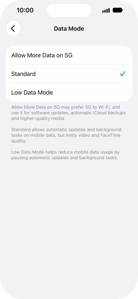 Press the required setting.