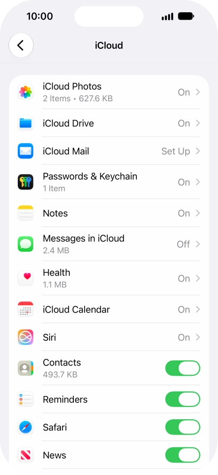 Press the indicators next to the required data types to turn synchronisation of each data type on or off.