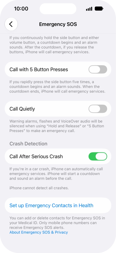 Press Set up Emergency Contacts in Health and follow the instructions on the screen to key in your emergency info and emergency contacts.