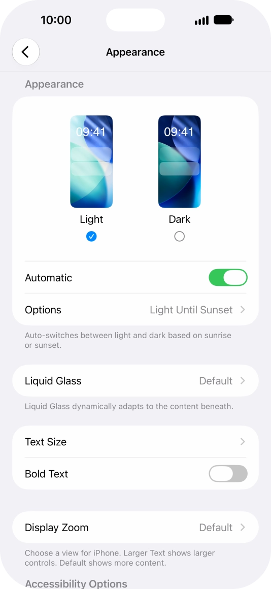 If you turn on the function, press Options and follow the instructions on the screen to select the required period of time for Dark Mode.