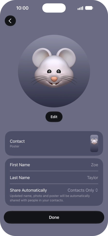 Press the name fields and follow the instructions on the screen to edit your name on the Contact Poster.