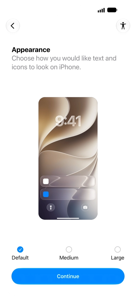 Select the required text and icon size on your phone and press Continue.