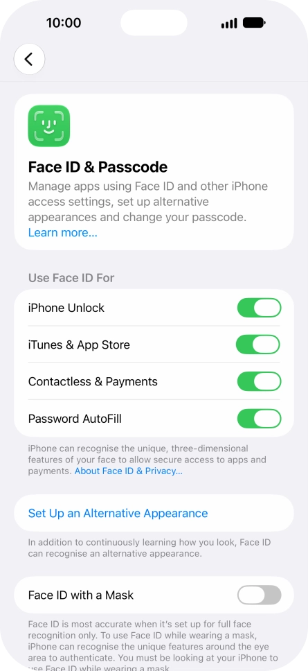 Press the indicators next to the required settings to turn them on or off.