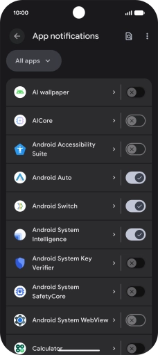 Press the indicator next to the required apps to turn the function on or off.