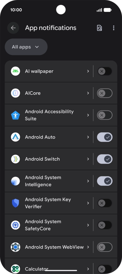 Press the indicator next to the required apps to turn the function on or off.