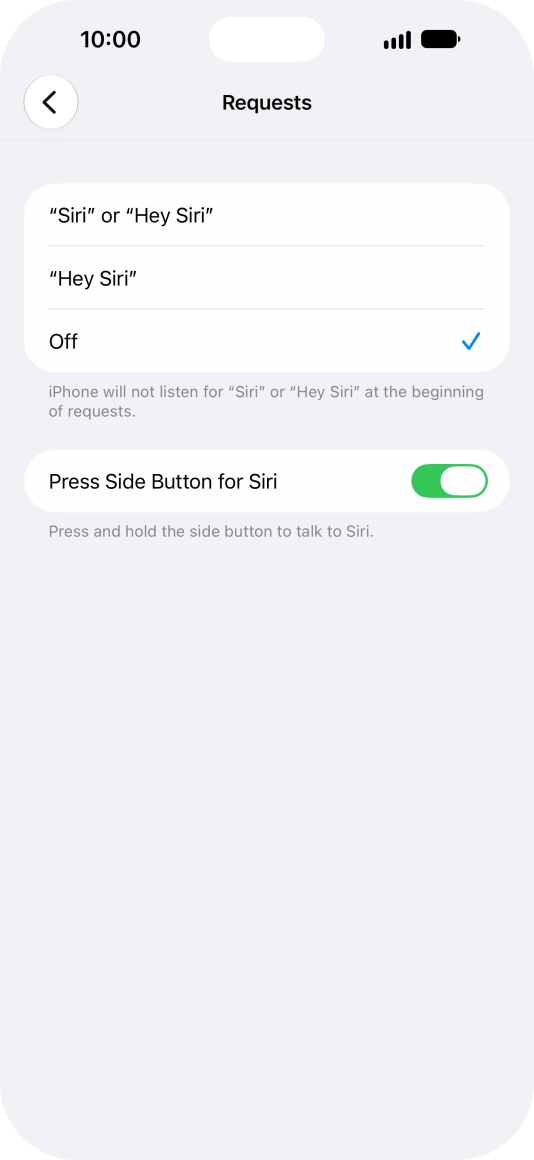 Press the required setting to turn the function on or off. If you turn on the function, you need to follow the instructions on the screen to set up Siri to recognise your voice.