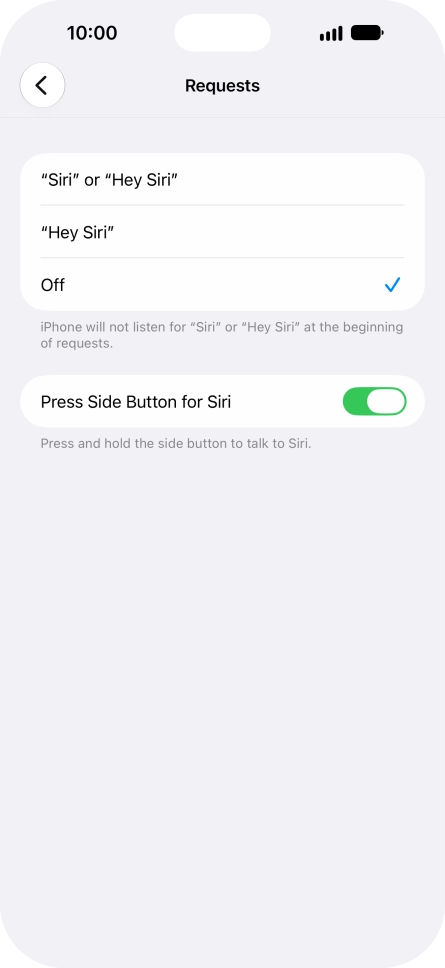 Press the required setting to turn the function on or off. If you turn on the function, you need to follow the instructions on the screen to set up Siri to recognise your voice.