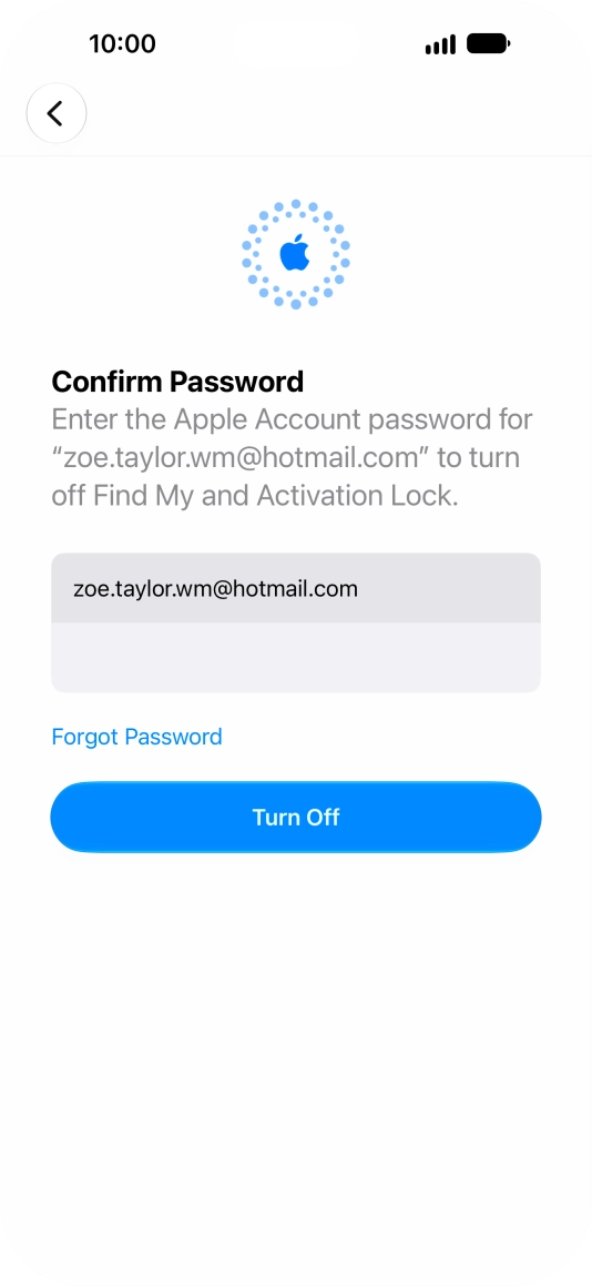 Key in the password for your Apple Account and press Turn Off. Wait a moment while the factory default settings are restored. Follow the instructions on the screen to set up your phone and prepare it for use.