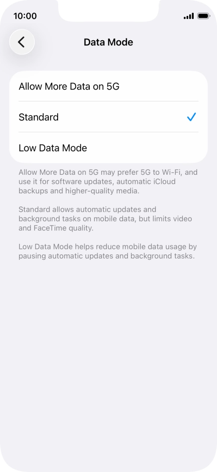 Press the required setting.