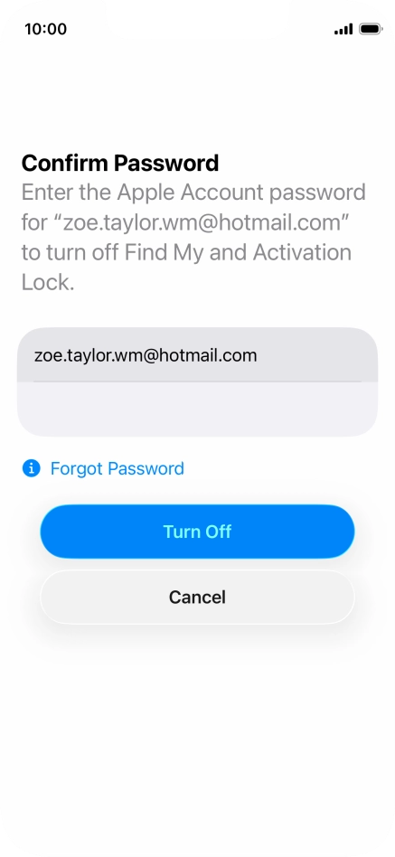Key in the password for your Apple Account and press Turn Off. Wait a moment while the factory default settings are restored. Follow the instructions on the screen to set up your phone and prepare it for use.