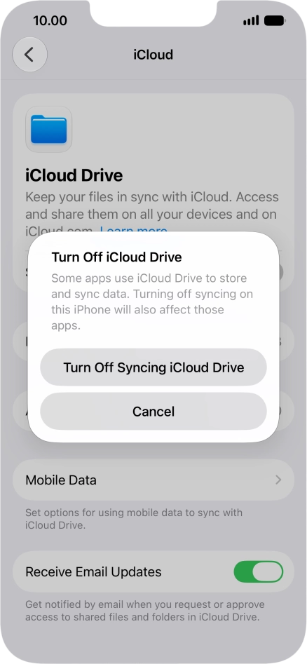 If you turn off the function, press Turn Off Syncing iCloud Drive.