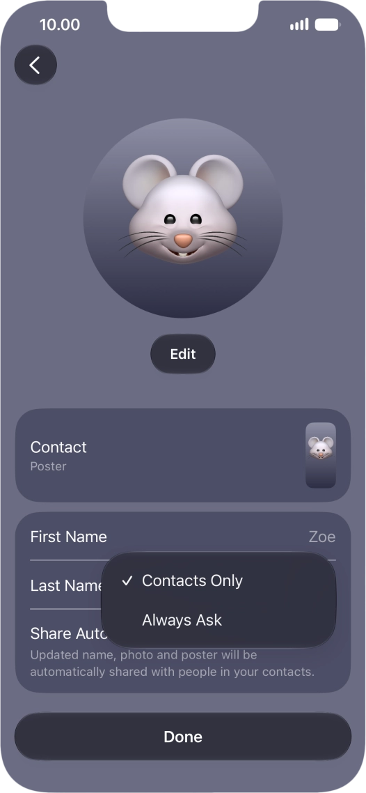 Press the required setting.