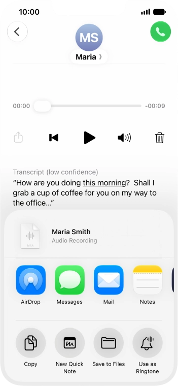 Press the required setting and follow the instructions on the screen to share or save the message.