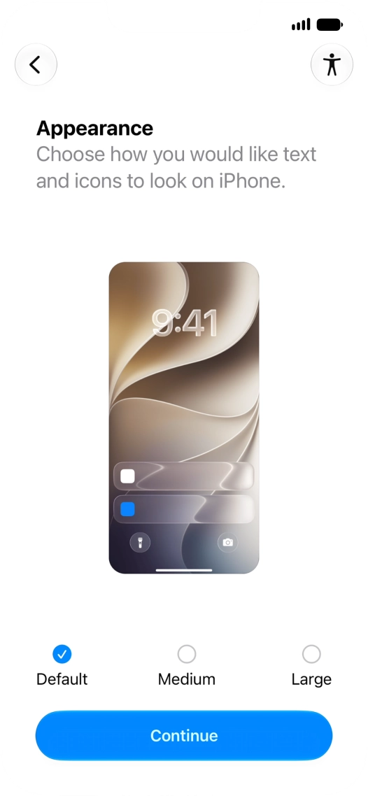Select the required text and icon size on your phone and press Continue.