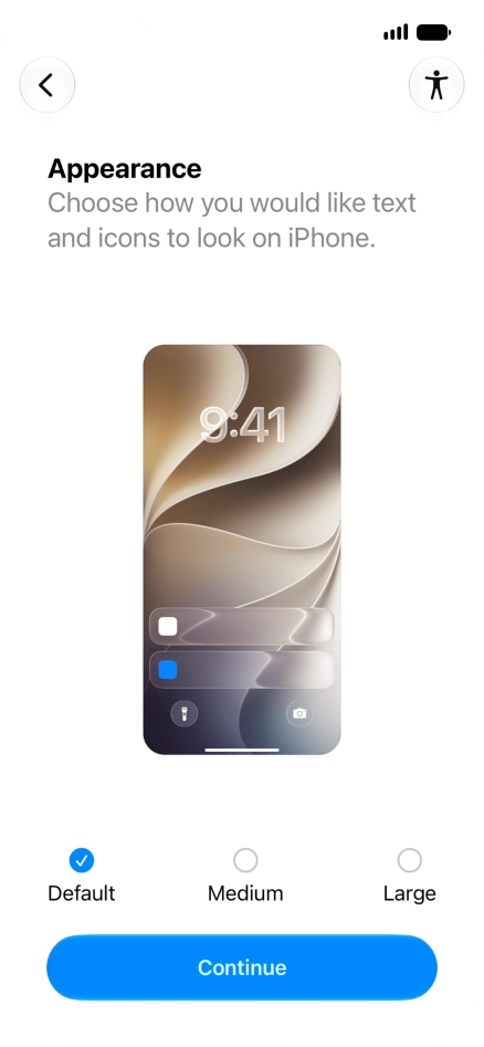 Select the required text and icon size on your phone and press Continue.