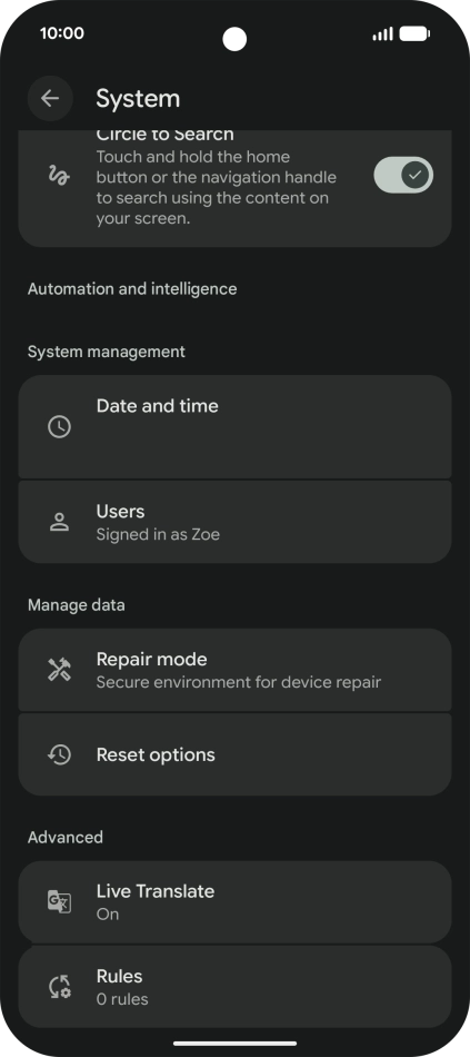 Press Reset options.