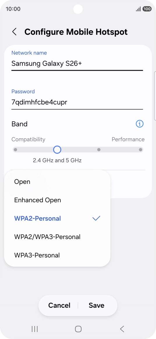 Press WPA3-Personal to password protect your Wi-Fi hotspot.