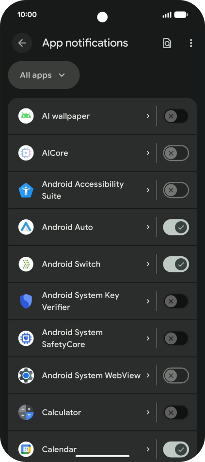 Press the indicator next to the required apps to turn the function on or off.