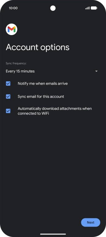 If this screen is displayed, you email account has been recognised and set up automatically. Follow the instructions on the screen to key in more information and finish setting up your phone.