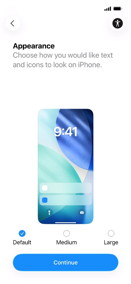 Select the required text and icon size on your phone and press Continue.