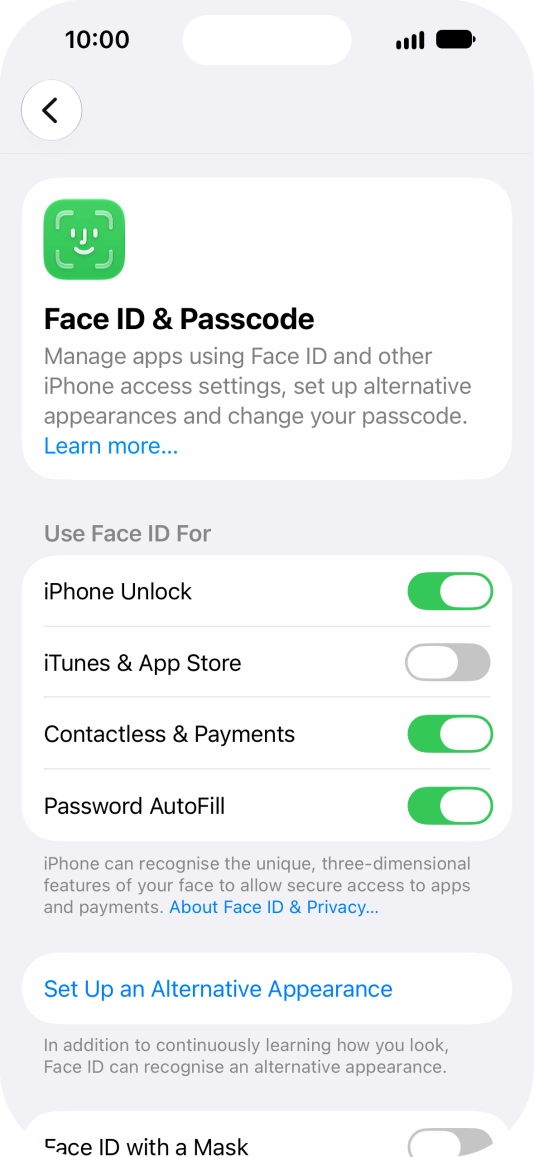 Press the indicators next to the required settings to turn them on or off.