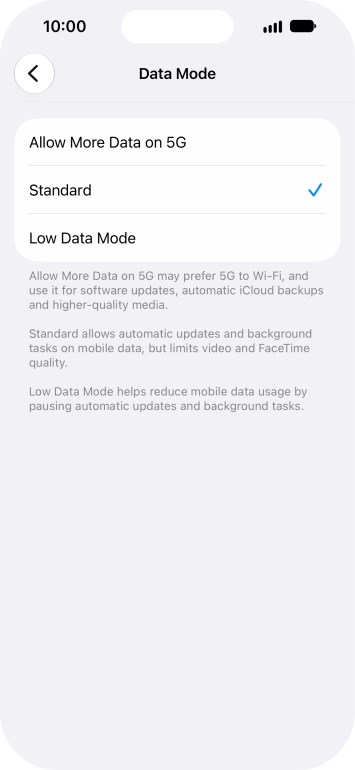 Press the required setting.