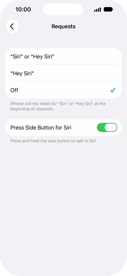 Press the required setting to turn the function on or off. If you turn on the function, you need to follow the instructions on the screen to set up Siri to recognise your voice.