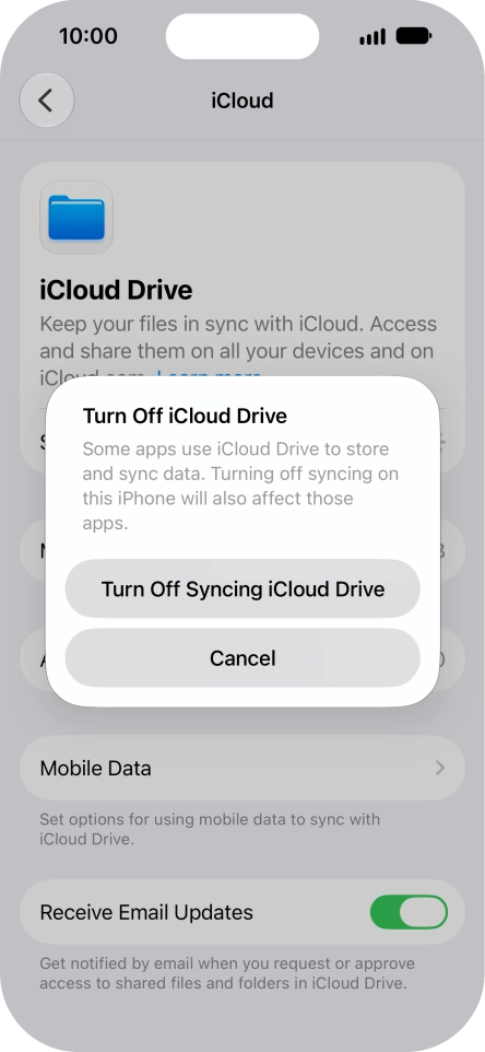 If you turn off the function, press Turn Off Syncing iCloud Drive. If you turn off the function, press Turn Off Syncing iCloud Drive.