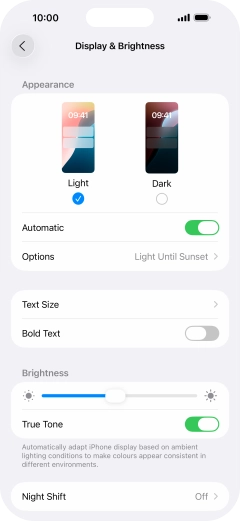 If you turn on the function, press Options and follow the instructions on the screen to select the required period of time for Dark Mode.