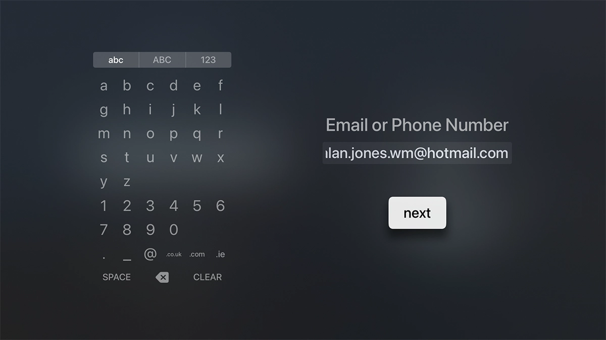 Key in the username for your Apple ID and highlight next.