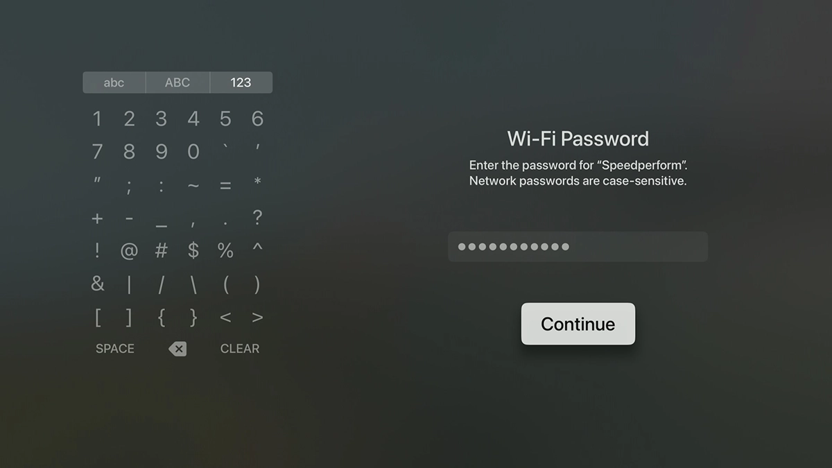Key in the password for the Wi-Fi network and highlight Continue.