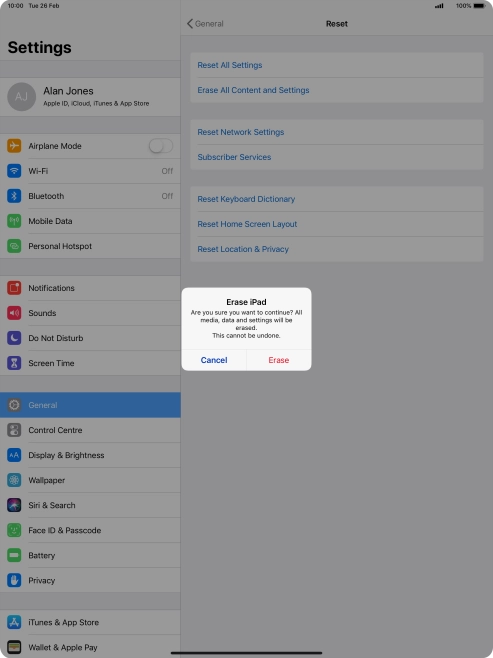 Press Erase. Wait a moment while the factory default settings are restored. Follow the instructions on the screen to set up your tablet and prepare it for use.