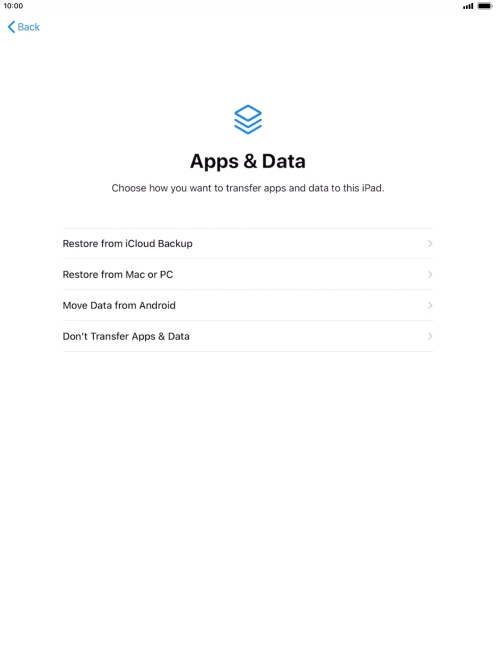 You can restore content from an iCloud backup when your tablet is activated for the first time and after a factory reset. When this screen is displayed, your tablet is ready to restore content from an iCloud backup.
