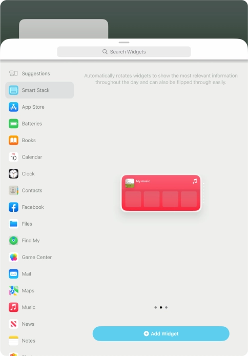 Slide your finger right or left on the screen to select the required widget size.