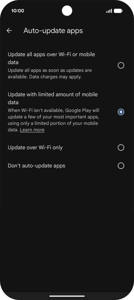To turn on automatic update of apps using mobile network, press Update all apps over Wi-Fi or mobile data.