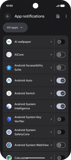 Press the indicator next to the required apps to turn the function on or off.