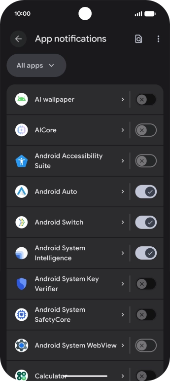 Press the indicator next to the required apps to turn the function on or off.
