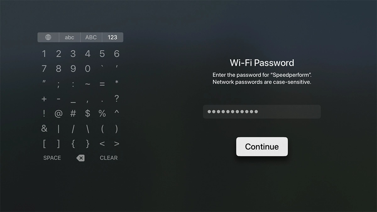 Key in the password for the Wi-Fi network and highlight Continue.