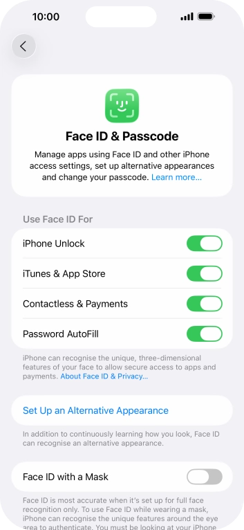 Press the indicators next to the required settings to turn them on or off.