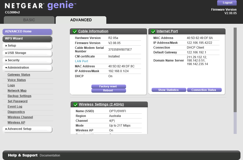 Change WiFi Hotspot channel NETGEAR CG3000 V2 Optus